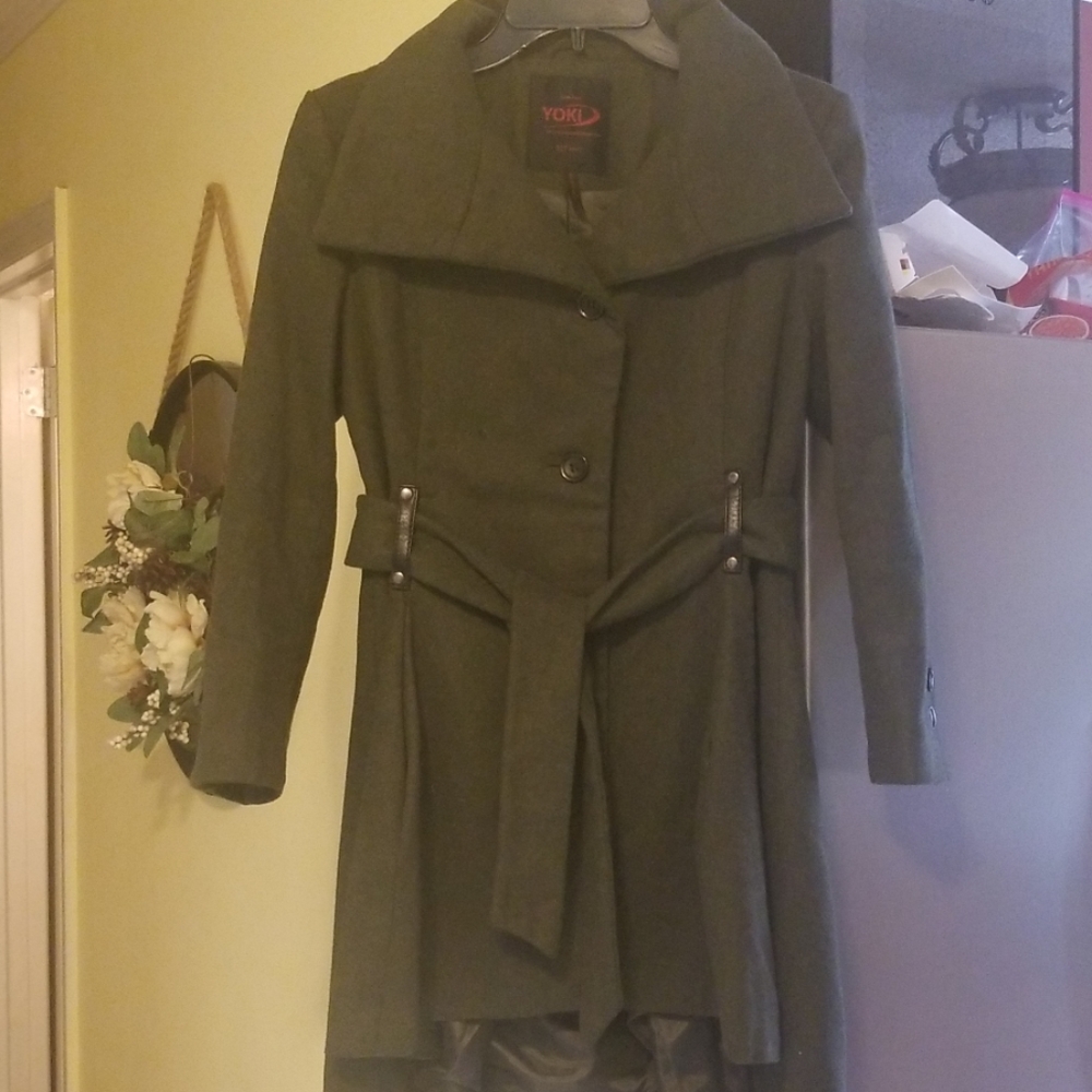 Yoki olive green trendy wool coat, high low